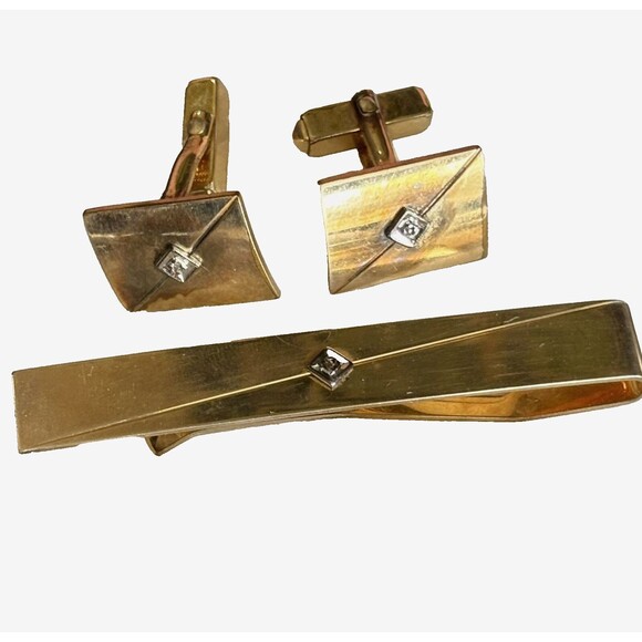 Vintage Anson 12k Gold Filled Diamond Accent Cufflinks AND Gold Anson Tie Clip